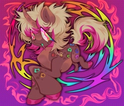 Size: 3500x3000 | Tagged: safe, artist:colorwurm, derpibooru import, oc, oc only, pony, unicorn, big eyes, border, brown coat, coat markings, colored hooves, colored horn, colored pinnae, curved horn, eye clipping through hair, facial markings, gradient background, horn, leopard print, messy mane, multicolored eyes, open mouth, open smile, pale belly, patterned background, shiny hoof, smiling, snip (coat marking), solo, tail, two toned mane, two toned tail, unicorn oc, wingding eyes