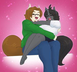 Size: 2816x2632 | Tagged: safe, artist:appelknekten, derpibooru import, oc, oc only, anthro, earth pony, unguligrade anthro, unicorn, eyes closed, female, glasses, high res, hug, male, oc x oc, open mouth, open smile, shipping, sitting on lap, smiling, straight