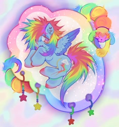 Size: 2225x2369 | Tagged: safe, artist:colorwurm, derpibooru import, rainbow dash, dog, pony, g4, :3, abstract background, alternate design, alternate eye color, alternate hairstyle, alternate tailstyle, cloud, colored hooves, colored wings, colored wingtips, cute, ear piercing, earring, facial piercing, female, high res, jewelry, lidded eyes, lying down, lying on a cloud, mare, multicolored eyes, on a cloud, on side, open mouth, open smile, piercing, smiling, smoldash, sparkles, spread wings, tail, two toned wings, wingding eyes, wings
