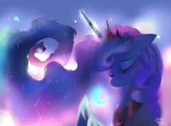 Size: 2048x1504 | Tagged: safe, artist:petaltwinkle, derpibooru import, princess luna, alicorn, pony, g4, abstract background, backlighting, constellation hair, crescent moon, crown, digital painting, ethereal mane, eyelashes, eyes closed, female, glowing, glowing horn, hoof shoes, horn, jewelry, long horn, magic, mare, moon, multicolored mane, raised hooves, regalia, signature, smiling, solo, starry mane, tiara