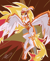 Size: 4500x5500 | Tagged: safe, derpibooru import, daybreaker, abstract background, absurd resolution, armor, belly, colored, concave belly, fire, flying, helmet, hoof shoes, mane of fire, metal, original art, peytral, princess shoes, slender, species swap, spread wings, stylized, tail, tail of fire, thin, wing armor, wings, wyvern