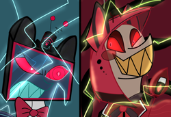 Size: 3000x2048 | Tagged: safe, artist:cosmicwaves35, derpibooru import, alastor, barely pony related, crossover, duo, electricity, glowing, hazbin hotel, radio, reimagined, rivalry, television, vox