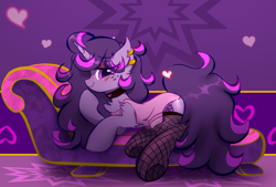 Size: 3370x2280 | Tagged: safe, artist:unichan, derpibooru import, oc, oc only, oc:fizzy fusion pop, pony, unicorn, blush lines, blushing, chest fluff, choker, clothes, ear fluff, ear piercing, earring, ears, fainting couch, female, fishnet stockings, freckles, heart, jewelry, looking at you, looking sideways, lying down, mare, messy mane, nightgown, piercing, profile, prone, side view, smiling, smiling at you, socks, thigh highs