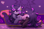 Size: 3370x2280 | Tagged: safe, artist:unichan, derpibooru import, oc, oc only, oc:fizzy fusion pop, pony, unicorn, blush lines, blushing, chest fluff, choker, clothes, ear fluff, ear piercing, earring, ears, fainting couch, female, fishnets, freckles, heart, jewelry, looking at you, looking sideways, lying down, mare, messy mane, nightgown, piercing, profile, prone, side view, smiling, smiling at you, socks, thigh highs
