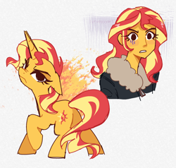 Size: 2204x2102 | Tagged: safe, artist:syrupyyy, derpibooru import, sunset shimmer, human, pony, unicorn, equestria girls, g4, butt, clothes, duality, duo, duo female, female, fire, frown, high res, horn, jacket, looking back, mare, narrowed eyes, nose wrinkle, orange coat, plot, raised hoof, raised leg, signature, simple background, solo, sunset shimmer is not amused, tail, two toned mane, two toned tail, unamused, white background