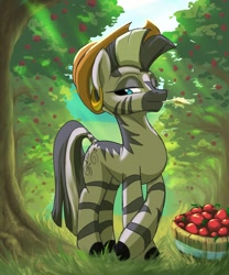 Size: 1000x1200 | Tagged: safe, artist:rocket-lawnchair, derpibooru import, zecora, zebra, g4, accessory theft, apple, apple tree, applejack's hat, bucket, clothes, cowboy hat, current events, female, hat, lidded eyes, mare, solo, straw in mouth, sweet apple acres, tree