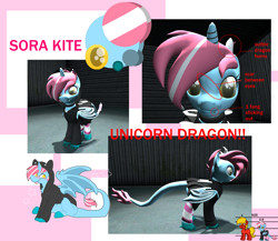 Size: 2545x2210 | Tagged: safe, derpibooru import, oc, oc:sora kite, dracony, dragon, hybrid, pony, unicorn, 3d, clothes, emo, fangs, female, gmod, hoodie, horns, pony town, reference sheet, scar, screenshots, size comparison, smol, socks, solo, wings