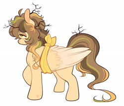 Size: 2678x2301 | Tagged: safe, artist:leapinglambs, derpibooru import, oc, oc only, oc:drowzy skies, pegasus, bags under eyes, bandage, bandaged wing, brown mane, brown tail, colored pinnae, colored wings, colored wingtips, eye clipping through hair, eyelashes, folded wings, green eyes, heart, heart mark, large wings, lidded eyes, long tail, messy mane, multicolored mane, multicolored tail, pegasus oc, ponysona, profile, raised hoof, raised leg, simple background, smiling, solo, standing, stick in tail, tail, twigs in hair, two toned wings, white background, wing fluff, wings, yellow coat