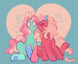 Size: 3479x2889 | Tagged: safe, artist:leapinglambs, derpibooru import, minty, pinkie pie (g3), earth pony, pony, g3, blue background, blue tongue, blushing, clothes, colored pinnae, colored tongue, curly hair, curly mane, curly tail, duo, duo female, eye clipping through hair, eyebrows, eyebrows visible through hair, eyes closed, female, flustered, freckles, green coat, heart, heart background, heart mark, hoof heart, kiss on the cheek, kissing, lesbian, mare, mismatched socks, pink coat, pink mane, pink tail, polka dot socks, purple eyes, ship:mintypie, shipping, signature, simple background, sitting, socks, striped socks, tail, tongue, tongue out, two toned mane, underhoof, wavy mouth