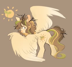 Size: 875x816 | Tagged: safe, artist:leapinglambs, derpibooru import, oc, oc only, oc:drowzy skies, pegasus, pony, bags under eyes, big ears, brown mane, brown tail, colored nose, colored pinnae, colored wings, ears, frown, gradient wings, large wings, lidded eyes, long tail, looking back, messy mane, multicolored mane, multicolored tail, pegasus oc, reference sheet, solo, spread wings, standing, stick in tail, tail, twigs in mane, wings