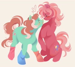 Size: 4096x3646 | Tagged: safe, artist:leapinglambs, derpibooru import, minty, pinkie pie (g3), pony, g3, bipedal, blushing, boop, clothes, curly hair, curly mane, curly tail, duo, duo female, female, green coat, heart, lesbian, lineless, looking at each other, looking at someone, mare, messy mane, messy tail, mismatched socks, nose blush, noseboop, open mouth, open smile, pink coat, pink eyes, pink mane, rearing, ship:mintypie, shipping, simple background, smiling, smiling at each other, socks, standing, tail, two toned coat, two toned mane, white background