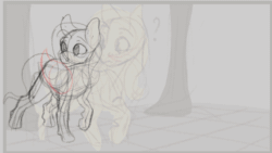 Size: 560x315 | Tagged: safe, artist:jazzwolfblaze, derpibooru import, fluttershy, pegasus, pony, g4, animated, ears, female, floppy ears, forest, frame by frame, gif, mare, monochrome, nature, open mouth, sketch, solo, traditional animation, tree, walking