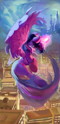 Size: 705x1450 | Tagged: safe, artist:vondsketch, derpibooru import, twilight sparkle, twilight sparkle (alicorn), alicorn, pony, g4, canterlot, city, cloud, female, flying, magic, magic aura, mare, moon, silhouette, spread wings, wings