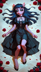 Size: 768x1344 | Tagged: safe, ai content, derpibooru import, generator:pony diffusion v6 xl, generator:stable diffusion, machine learning generated, oc, oc:cosm, anthro, black dress, choker, clothes, dress, flower, funeral, gothic, prompt in description, prompter:kopaleo, rose, solo