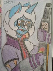 Size: 3468x4624 | Tagged: safe, derpibooru import, oc, oc only, pony, unicorn, g4, clothes, colored pencil drawing, facial markings, female, glasses, gun, shotgun, solo, traditional art, weapon