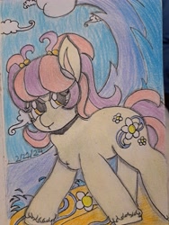 Size: 3468x4624 | Tagged: safe, derpibooru import, oc, oc only, earth pony, pony, colored pencil drawing, cutie mark, fetlock tuft, pencil drawing, pigtails, solo, surfing, traditional art