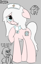 Size: 520x813 | Tagged: safe, artist:castafae, derpibooru import, oc, oc only, oc:nursery rhyme, earth pony, pony, blushing, clothes, ears, floppy ears, gray background, hair over one eye, hat, hoof on chest, messy mane, nurse, nurse hat, scarf, simple background, solo