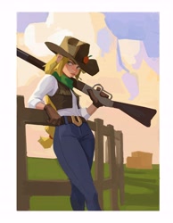 Size: 5844x7530 | Tagged: safe, artist:hyung7754, derpibooru import, applejack, human, equestria girls, g4, absurd resolution, belt, belt buckle, clothes, cloud, cowboy hat, cowboy outfit, cowboy vest, cowgirl, denim, female, fence, freckles, gloves, green eyes, gun, hat, hay, hay bale, jeans, lever action rifle, pants, scarf, solo, stetson, straw in mouth, sunset, weapon, western