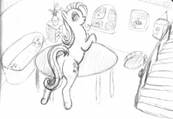 Size: 1704x1173 | Tagged: safe, artist:mfg637, derpibooru exclusive, derpibooru import, fluttershy, pegasus, pony, g4, butt, flutterbutt, looking at you, lying down, monochrome, pencil drawing, plot, prone, sketch, sock, solo, table, traditional art, wingless