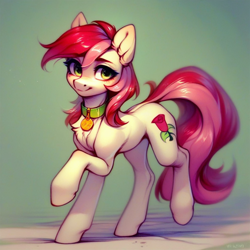 Size: 1024x1024 | Tagged: safe, ai content, derpibooru import, generator:pony diffusion v6 xl, generator:stable diffusion, machine learning generated, roseluck, pony, g4, collar, cute, pet tag, pony pet, prompter:doom9454, rosepet, walking