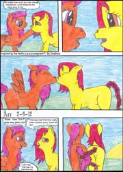 Size: 1293x1800 | Tagged: safe, artist:arccahlon, derpibooru import, apple bloom, scootaloo, earth pony, pegasus, pony, g4, alternate hairstyle, braid, comic, female, intertwined tails, kissing, lesbian, ship:scootabloom, shipping, tail, traditional art