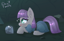 Size: 2843x1842 | Tagged: safe, artist:bubblegooey, derpibooru import, maud pie, earth pony, pony, g4, :o, blushing, cave, clothes, crouching, cute, cutie mark, daaaaaaaaaaaw, ear fluff, ears, eyeshadow, female, frock coat, heart, heart eyes, lidded eyes, looking at something, lying down, makeup, mare, maudabetes, open mouth, prone, rock, shiny eyes, shiny mane, side view, signature, solo, sparkles, sparkly eyes, surprised, text, that pony sure does love rocks, wingding eyes