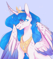 Size: 1280x1440 | Tagged: safe, artist:pixelberrry, derpibooru import, oc, alicorn, pony, blue background, colored wings, crown, female, jewelry, mare, regalia, simple background, solo, two toned wings, wings