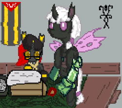 Size: 796x707 | Tagged: safe, artist:damset, derpibooru import, oc, oc:da-mset, oc:nika escarabajo, oc:pepino berbug, changeling, banner, changeling oc, glasses, hat, mi amore fest, monochrome, ms paint, passport, pixel art, purple changeling, simple background, sssu, table, television, typewriter