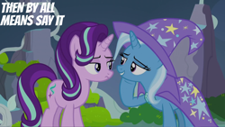 Size: 2000x1125 | Tagged: safe, derpibooru import, edit, edited screencap, editor:quoterific, screencap, starlight glimmer, trixie, pony, unicorn, g4, to change a changeling, cape, clothes, duo, duo female, female, hat, mare, trixie's cape, trixie's hat
