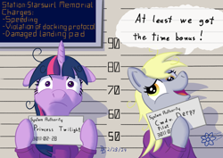 Size: 1600x1132 | Tagged: safe, artist:darkdabula, derpibooru import, derpy hooves, twilight sparkle, g4, barbie mugshot meme, crossover, ears, elite dangerous, floppy ears, meme, mugshot, stray strand