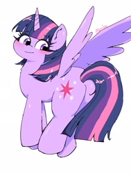 Size: 1547x2048 | Tagged: safe, artist:leo19969525, derpibooru import, twilight sparkle, twilight sparkle (alicorn), alicorn, pony, g4, blushing, butt, female, looking back, mare, plot, simple background, smiling, solo, spread wings, twibutt, white background, wings