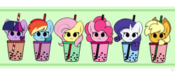 Size: 9400x4200 | Tagged: safe, artist:kittyrosie, derpibooru import, applejack, fluttershy, pinkie pie, rainbow dash, rarity, twilight sparkle, earth pony, pegasus, unicorn, g4, abstract background, absurd resolution, bubble tea, drink, mane six, simple background