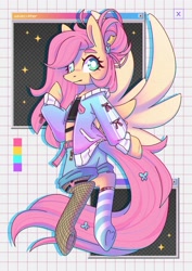 Size: 2480x3508 | Tagged: safe, artist:musicfirewind, derpibooru import, fluttershy, butterfly, pegasus, pony, g4, alternate hairstyle, belt, blushing, clothes, color palette, colored eyebrows, colored pinnae, denim, denim shorts, female, fishnet clothing, flying, garter, green eyes, grid, hair accessory, hairpin, jacket, jeans, mare, mismatched socks, pants, pink mane, pink tail, raised hoof, raised leg, short shirt, shorts, signature, socks, solo, spread wings, striped socks, tail, tail accessory, tied hair, webcore, wings, yellow coat