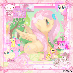 Size: 500x500 | Tagged: safe, artist:blackgryph0n, artist:bnob, artist:exibrony, derpibooru import, edit, editor:alwaysnumer27, screencap, fluttershy, pinkie pie, butterfly, earth pony, pegasus, pony, g4, the cutie mark chronicles, animated, blingee, blushing, bow, brushable, butterfly on nose, cup, desktop ponies, female, flower, food, gif, hair bow, headbob, heart, hello kitty, insect on nose, leaf, looking at something, looking up, lying down, mare, my melody, name, outdoors, picmix, pixel art, ribbon, rose, spread wings, sprite, tea, teacup, teapot, text, toy, wings