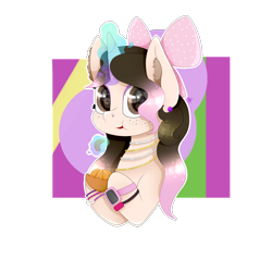 Size: 1400x1400 | Tagged: safe, artist:kathepart, derpibooru import, oc, oc:kinna-ca, unicorn, bracelet, collar, ear piercing, earring, eating, fruit, hair bun, jewelry, looking at you, makeup, nose piercing, piercing, simple background, transparent background