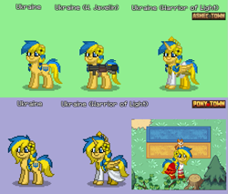 Size: 679x579 | Tagged: safe, derpibooru import, oc, oc:ukraine, alicorn, earth pony, pony, alicornified, armor, ashes town, clothes, crown, dress, female, flag, game screencap, jewelry, missile launcher, nation ponies, pony town, race swap, regalia, ukraine, vyshyvanka