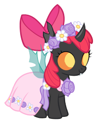 Size: 1280x1653 | Tagged: safe, artist:arkogon, derpibooru import, apple bloom, changeling, g4, apple bloom's bow, bow, changelingified, clothes, dress, female, floral head wreath, flower, flower girl, flower girl dress, hair bow, smiling, solo, solo female, species swap, spread wings, vector, wings