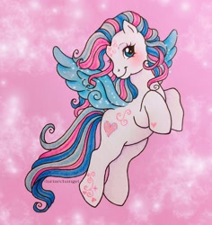 Size: 2036x2160 | Tagged: safe, artist:dariarchangel, derpibooru import, star catcher, pegasus, pony, dancing in the clouds, g3, blushing, butterfly island, cloud, colored wings, female, flying, mare, multicolored hair, pink background, simple background, smiling, solo, spread wings, traditional art, wings