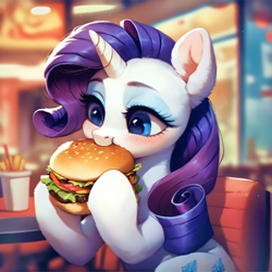 Size: 4096x4096 | Tagged: safe, ai content, derpibooru import, generator:purplesmart.ai, generator:stable diffusion, machine learning assisted, machine learning generated, rarity, pony, unicorn, g4, beautiful, blue eyes, blushing, burger, cute, delicious, detailed, detailed hair, ear fluff, ears, eating, eyeshadow, fluffy, food, happy, makeup, meat, nom, ponies eating meat, prompter:saltyvity, purple hair, raribetes, restaurant, solo