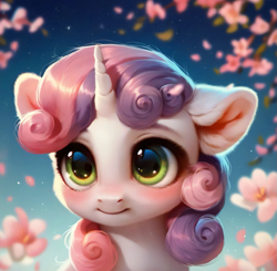 Size: 925x905 | Tagged: safe, ai content, derpibooru import, generator:purplesmart.ai, generator:stable diffusion, machine learning assisted, machine learning generated, sweetie belle, pony, unicorn, g4, beautiful, big eyes, blushing, cherry blossoms, cute, cute face, detailed, detailed hair, diasweetes, ear fluff, ears, flower, flower blossom, fluffy, green eyes, looking at you, pink mane, prompter:saltyvity, purple mane, sakura con, shy, sky, smiling, smiling at you, solo, sparkles