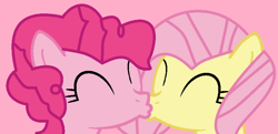 Size: 800x386 | Tagged: safe, artist:jadeharmony, derpibooru import, fluttershy, pinkie pie, earth pony, pegasus, g4, ^^, eyes closed, female, flutterpie, kissing, lesbian, pink background, shipping, simple background