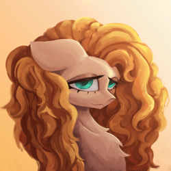 Size: 3000x3000 | Tagged: safe, artist:anastas, derpibooru import, pear butter, earth pony, pony, g4, the perfect pear, bust, buttercup, chest fluff, curly hair, curly mane, cute, cyan eyes, ears, eyelashes, female, floppy ears, flower, fluffy hair, gradient background, looking at you, mare, orange mane, portrait, smiling, solo, sternocleidomastoid