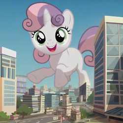 Size: 1024x1024 | Tagged: safe, ai content, derpibooru import, machine learning generated, sweetie belle, pony, unicorn, g4, city, cute, detailed, diasweetes, female, filly, foal, giant pony, giantess, jumping, macro, show accurate, solo, underhoof, vector