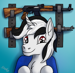 Size: 2587x2523 | Tagged: safe, artist:sroka001, derpibooru import, oc, pony, unicorn, gun, simple background, solo, weapon