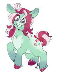 Size: 1339x1750 | Tagged: safe, artist:battiegutz, derpibooru import, minty, earth pony, pony, g3, ahoge, alternate color palette, alternate design, alternate eye color, alternate mane color, alternate tail color, blushing, bow, chest fluff, coat markings, colored hooves, colored muzzle, eye clipping through hair, eyebrows, eyebrows visible through hair, female, freckles, gradient ears, hooves in air, mare, purple eyes, redesign, shiny hoof, simple background, smiling, socks (coat marking), tail, tail bow, teeth, tied tail, two toned mane, two toned tail, unshorn fetlocks, white background