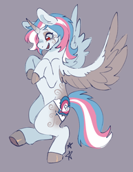 Size: 1348x1750 | Tagged: safe, artist:battiegutz, derpibooru import, star catcher, alicorn, pony, g3, alternate cutie mark, alternate design, alternate eye color, blushing, coat markings, colored hooves, colored wings, colored wingtips, eyeshadow, facial markings, female, flying, gradient horn, hooves in air, horn, looking down, makeup, mare, multicolored hair, multicolored tail, open mouth, open smile, pride, pride flag, purple background, race swap, red eyes, redesign, simple background, smiling, solo, spread wings, stars, tail, transgender pride flag, two toned wings, wings