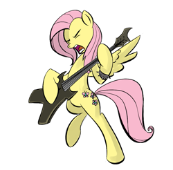 Size: 851x838 | Tagged: safe, artist:rainbowderpy, artist:rubrony, color edit, derpibooru import, edit, fluttershy, pegasus, pony, g4, bipedal, brütal, colored, electric guitar, female, guitar, heavy metal, mare, metal, metalshy, music, musical instrument, playing instrument, simple background, solo, transparent background