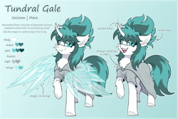 Size: 6000x4000 | Tagged: safe, artist:shad0w-galaxy, derpibooru import, oc, oc only, oc:tundral gale, pony, unicorn, absurd resolution, artificial alicorn, artificial wings, augmented, cape, cheek fluff, chest fluff, cloak, clothes, commission, curved horn, ear fluff, ears, female, gradient background, hooves, horn, ice wings, looking at you, magic, magic wings, mare, open mouth, raised hoof, raised leg, reference sheet, smiling, solo, text, unshorn fetlocks, wings