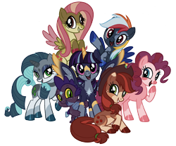 Size: 2048x1707 | Tagged: safe, artist:battiegutz, derpibooru import, applejack, fluttershy, pinkie pie, rainbow dash, rarity, spike, twilight sparkle, twilight sparkle (alicorn), alicorn, dragon, earth pony, pegasus, pony, unicorn, g4, alternate color palette, alternate design, alternate eye color, alternate mane color, alternate tail color, applejack's hat, arm freckles, bald face, blaze (coat marking), blue eyes, blue mane, blue tail, brown eyes, clothes, coat markings, colored belly, colored hooves, colored horn, colored muzzle, colored sclera, colored wings, colored wingtips, coloring book, cowboy hat, curly hair, curly mane, curly tail, dappled, eyeshadow, facial markings, female, flying, freckles, green eyes, group, hat, hooves to the chest, horn, lidded eyes, looking at you, looking back, makeup, mane six, mare, mealy mouth (coat marking), multicolored hair, multicolored wings, open mouth, open smile, ponytail, purple eyes, rainbow hair, rainbow tail, raised hoof, raised leg, red eyes, red mane, red tail, redesign, shiny hoof, simple background, sitting, smiling, smiling at you, socks (coat marking), spread wings, standing, star (coat marking), starry wings, tail, tied tail, transparent background, two toned mane, two toned tail, wall of tags, wavy mane, wavy tail, wings, yellow sclera
