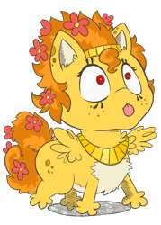 Size: 1500x2100 | Tagged: safe, artist:wispy tuft, derpibooru import, oc, oc only, oc:wispy tuft, sphinx, :p, chest fluff, eye liner, flower, flower in hair, freckles, jewelry, looking at you, scrungly, silly, simple background, solo, sphinx oc, spots, spread wings, staring into your soul, tongue, tongue out, transparent background, wings